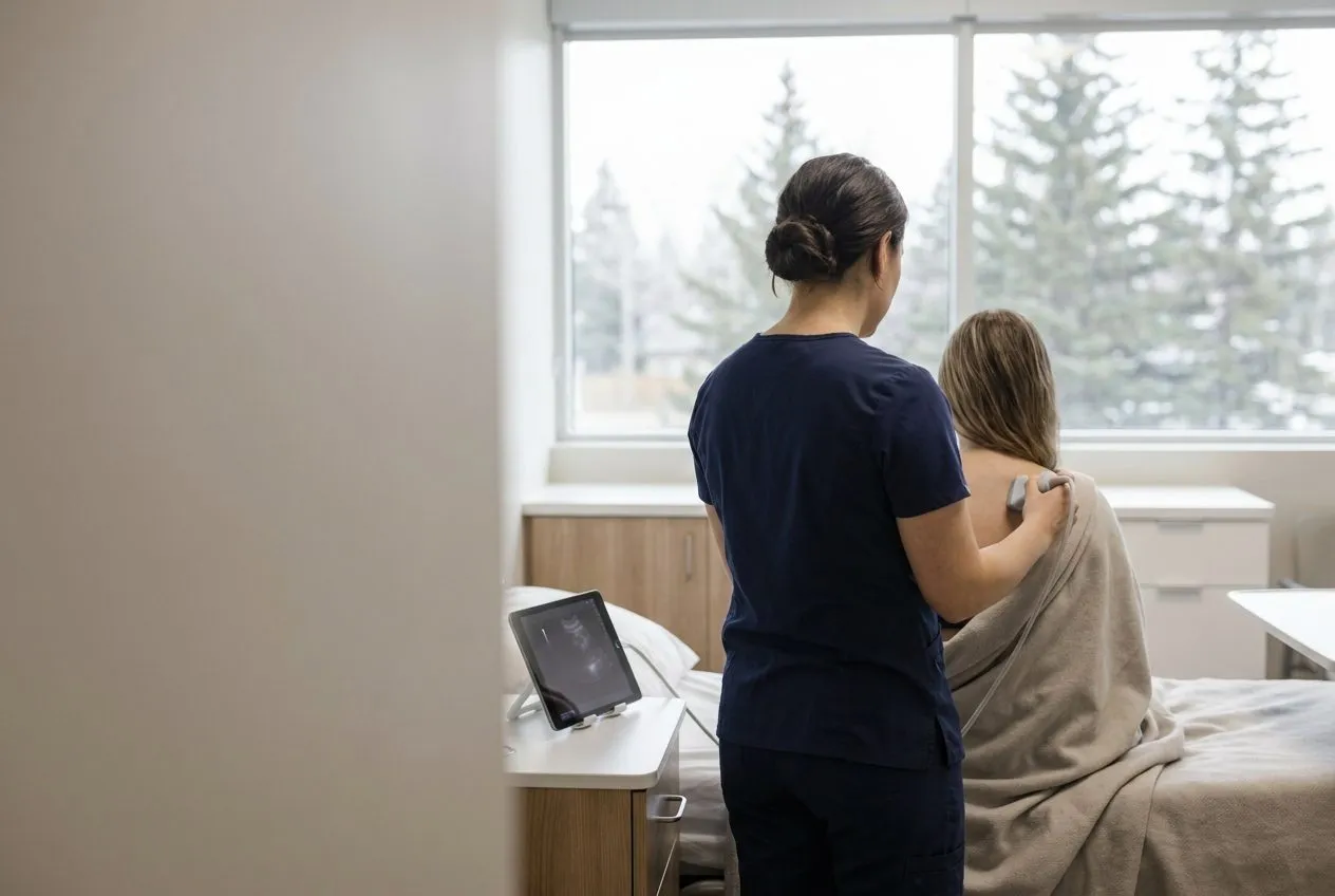 A clinician using a handheld ultrasound at the bedside, illustrating point-of-care ultrasound moving into clinics